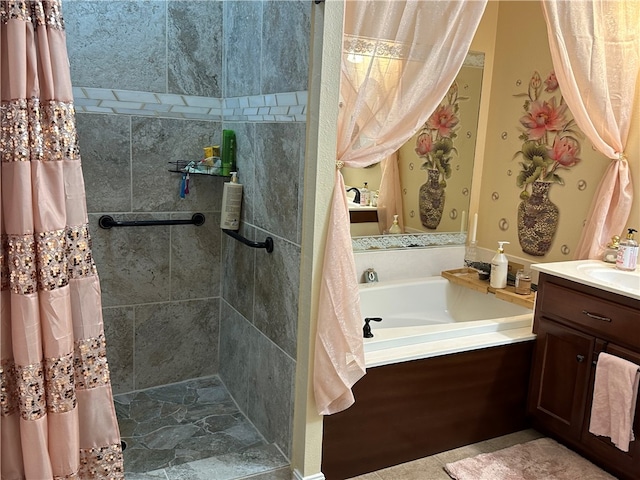 bathroom with vanity and plus walk in shower