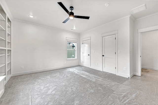 unfurnished bedroom featuring light carpet, ceiling fan, and crown molding