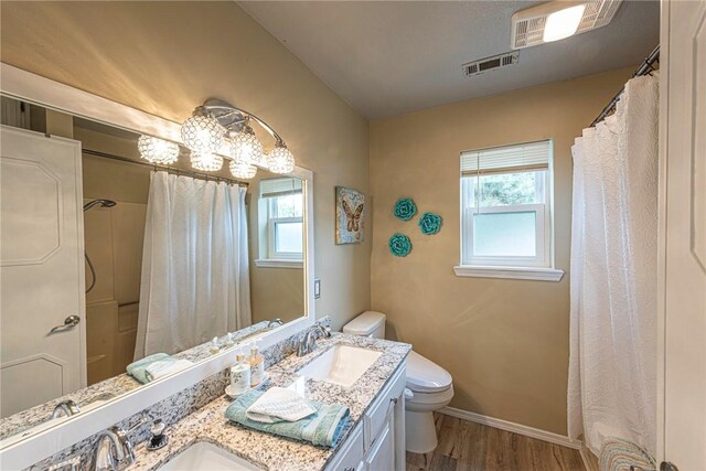 bathroom featuring wood-type flooring, vanity, toilet, and a wealth of natural light