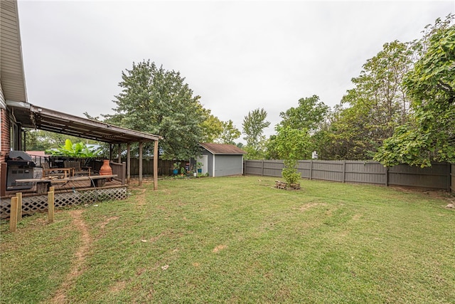 view of yard featuring a wooden deck and a storage unit