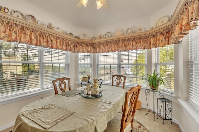 dining room with ceiling fan and a healthy amount of sunlight