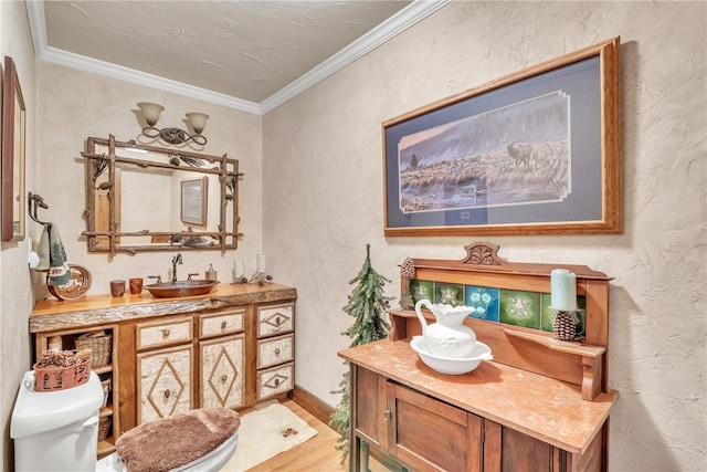 bathroom featuring vanity, toilet, wood-type flooring, and ornamental molding