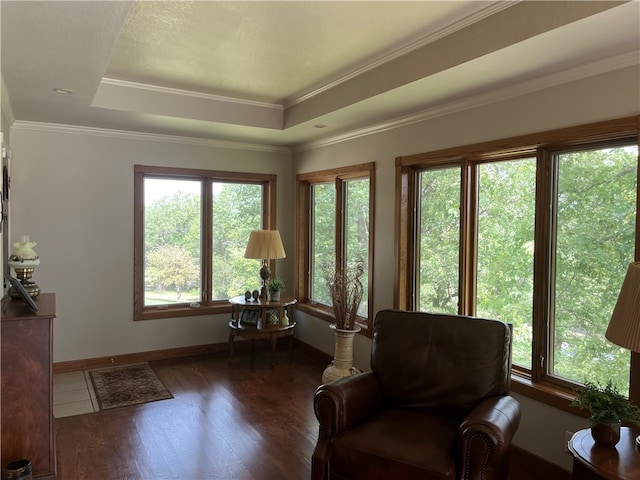 sitting room featuring crown molding, a tray ceiling, and dark hardwood / wood-style flooring