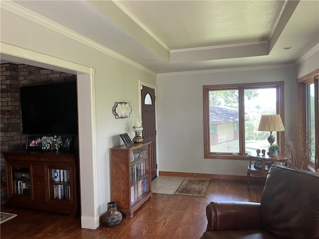 living room featuring crown molding, a tray ceiling, and hardwood / wood-style floors