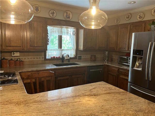 kitchen featuring backsplash, black dishwasher, gas stovetop, stainless steel refrigerator with ice dispenser, and sink