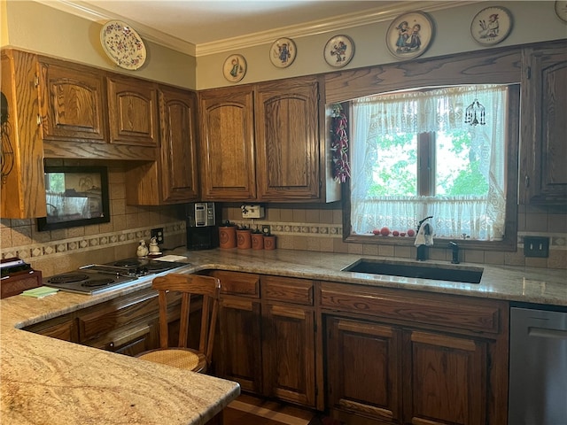 kitchen featuring decorative backsplash, sink, stainless steel appliances, and light stone counters