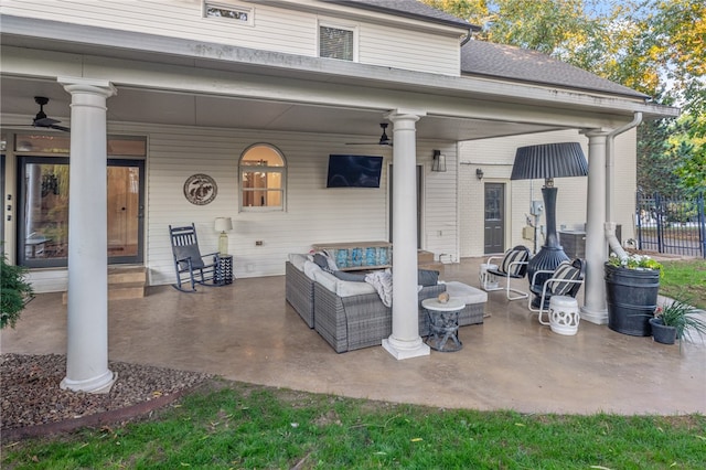 view of patio with ceiling fan and an outdoor hangout area