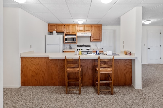 kitchen featuring kitchen peninsula, light colored carpet, white appliances, and ventilation hood