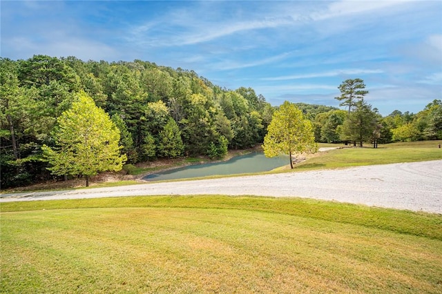 view of property's community with a yard, a forest view, and a water view
