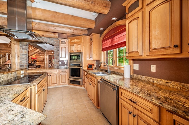 kitchen featuring appliances with stainless steel finishes, log walls, light stone countertops, ventilation hood, and sink