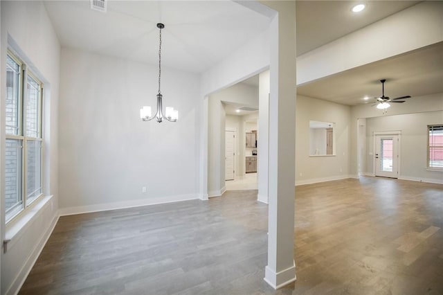 304 Doral Dr, Cave Springs, AR 72718 - interior space featuring dark wood-style floors, ceiling fan with notable chandelier, baseboards, visible vents, and recessed lighting