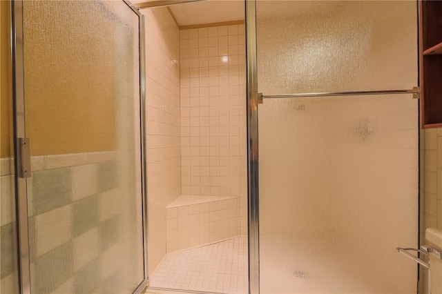 bathroom with a shower with door