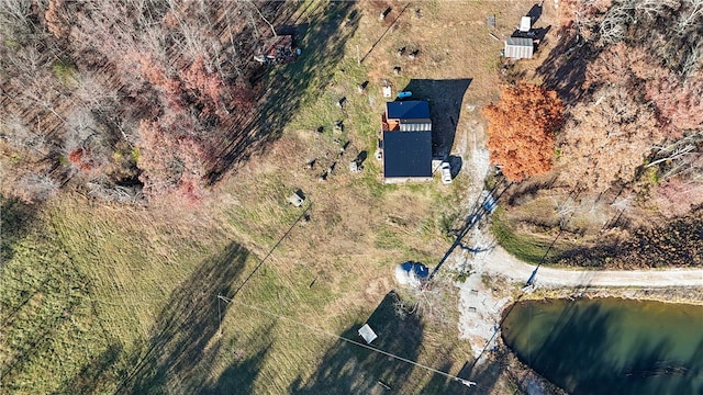 drone / aerial view featuring a water view