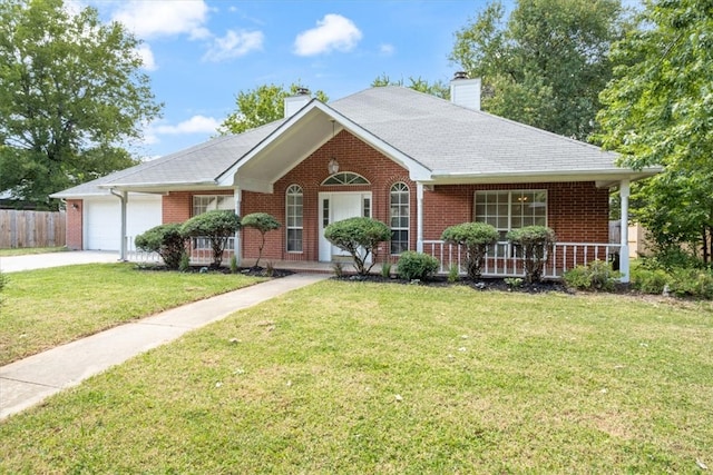 single story home featuring a garage, a porch, and a front lawn