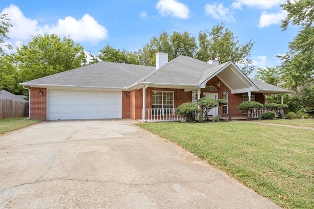 single story home featuring covered porch, a front yard, and a garage