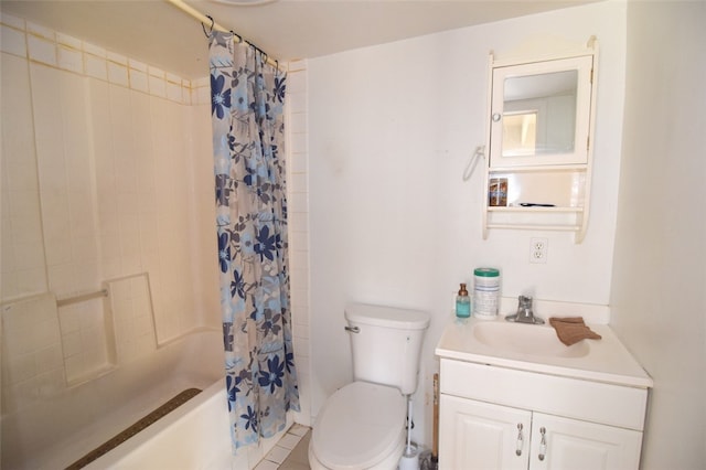 bathroom featuring shower / bathtub combination with curtain, toilet, and vanity