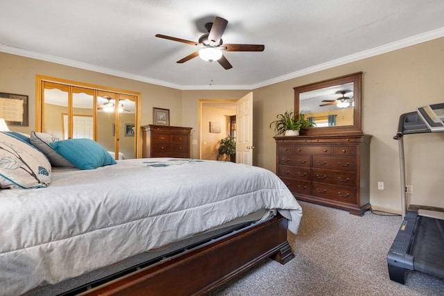 carpeted bedroom with baseboards, ornamental molding, a closet, and ceiling fan