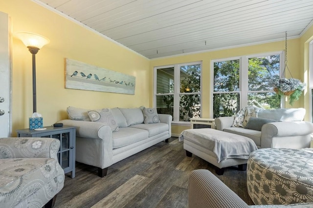 sunroom / solarium featuring wood ceiling, ornamental molding, wood finished floors, and a deck