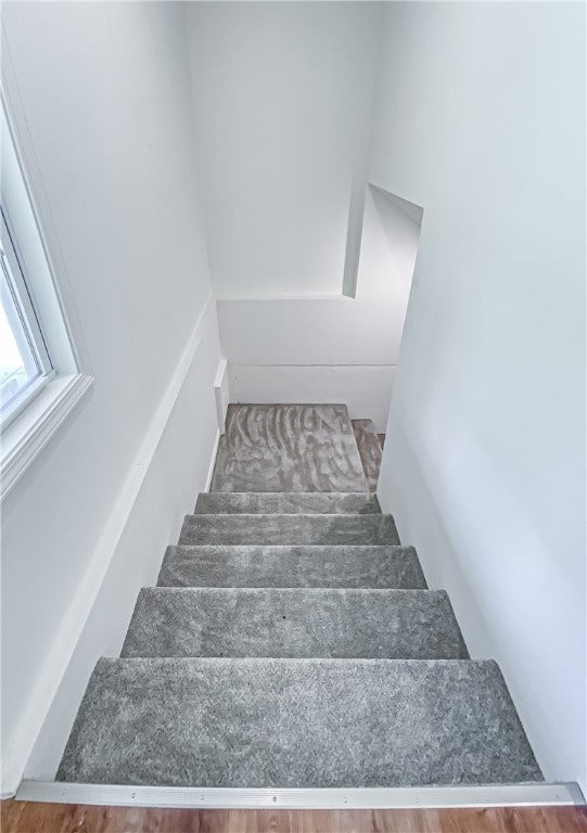 stairs featuring hardwood / wood-style floors