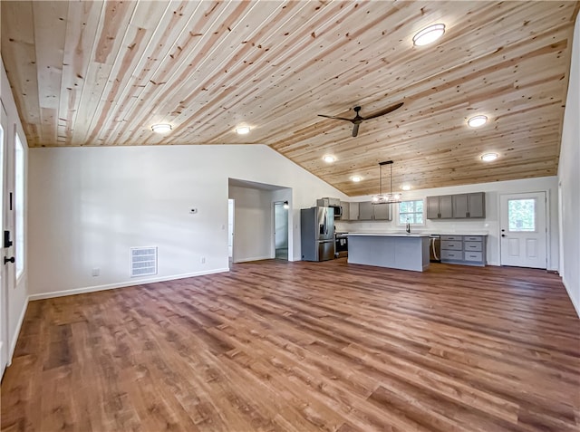 unfurnished living room featuring wood-type flooring, sink, vaulted ceiling, ceiling fan, and wooden ceiling