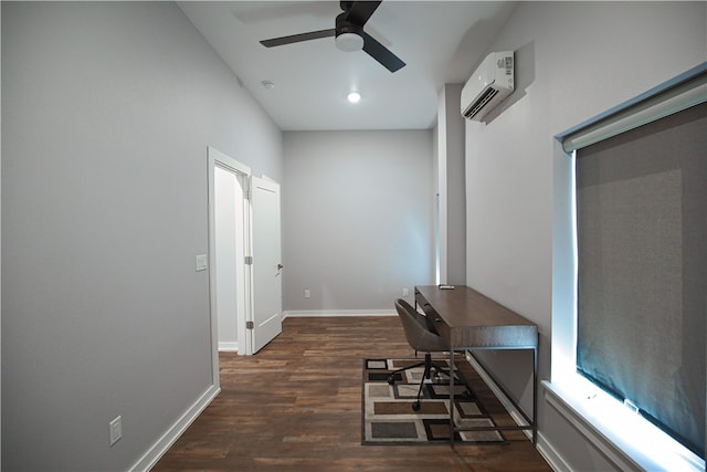 hallway featuring dark wood-type flooring and a wall mounted AC