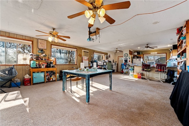 game room featuring carpet, plenty of natural light, and wood walls