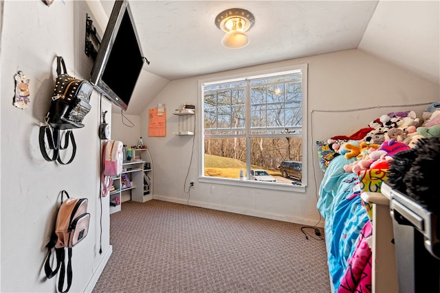 rec room featuring light carpet and vaulted ceiling