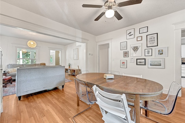 dining area featuring ceiling fan, a textured ceiling, and light wood-type flooring