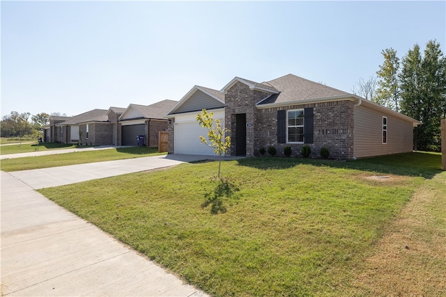 ranch-style home with a front lawn and a garage