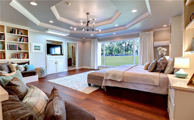 bedroom featuring ornamental molding, a chandelier, a raised ceiling, and dark hardwood / wood-style floors