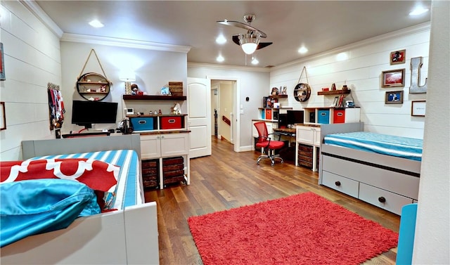 6532 Western Trails Dr, Springdale, AR 72762 - bedroom featuring wooden walls, ornamental molding, recessed lighting, and wood finished floors