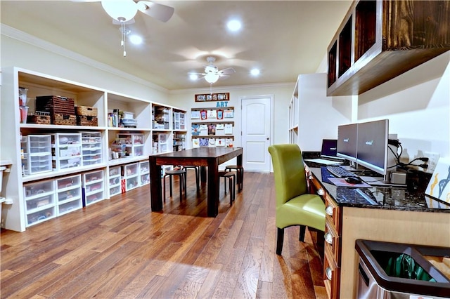6532 Western Trails Dr, Springdale, AR 72762 - office space featuring crown molding, recessed lighting, a ceiling fan, and wood finished floors