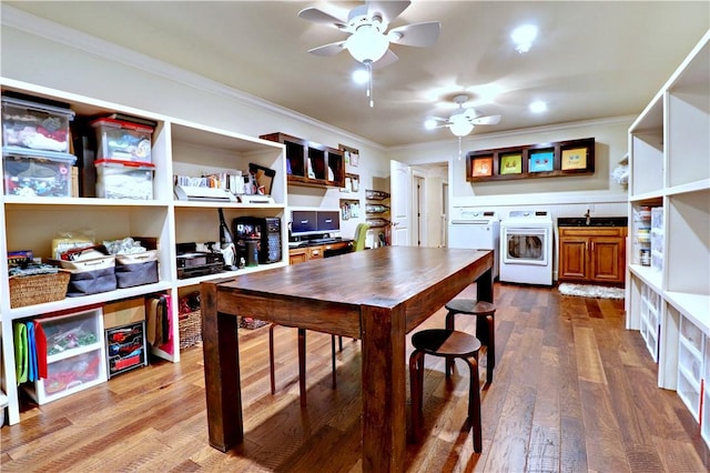 6532 Western Trails Dr, Springdale, AR 72762 - kitchen featuring ornamental molding, a ceiling fan, open shelves, dark wood-type flooring, and washer and clothes dryer