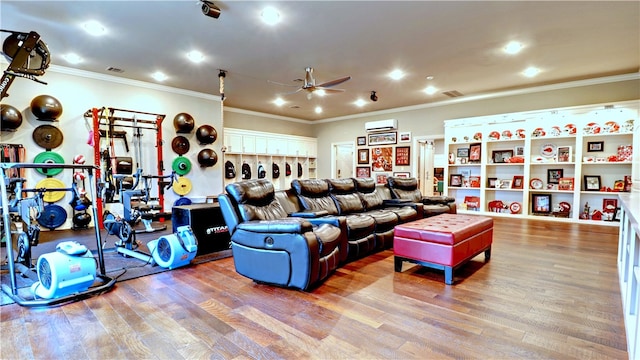 living room featuring wood-type flooring, ornamental molding, and ceiling fan