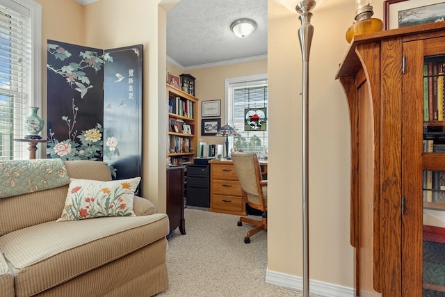 carpeted home office with ornamental molding, a textured ceiling, and plenty of natural light