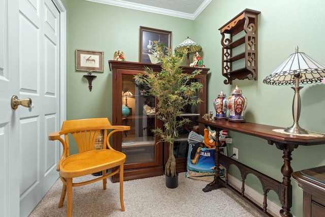 sitting room with carpet floors and ornamental molding