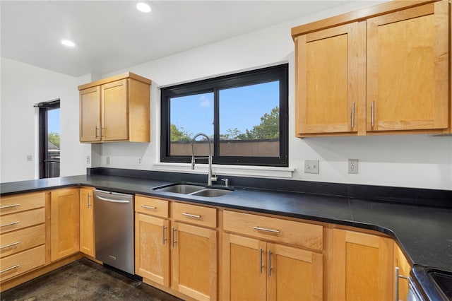 kitchen featuring electric stove, dark countertops, recessed lighting, a sink, and dishwasher