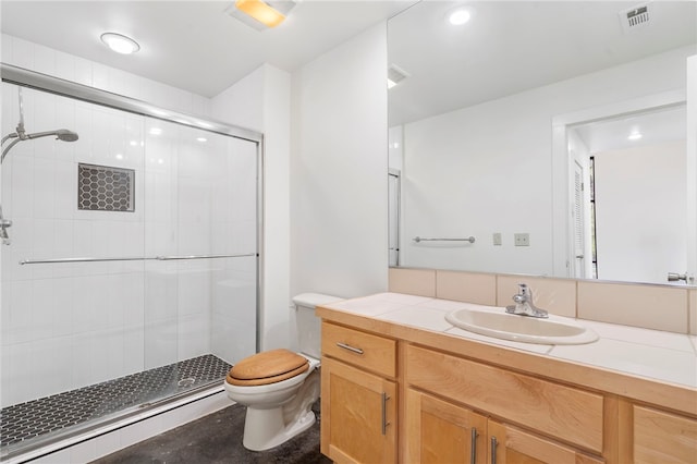 bathroom with toilet, vanity, a shower stall, and visible vents