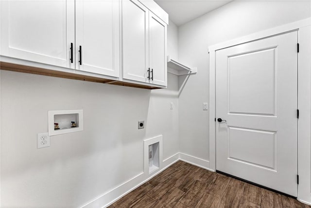 laundry room with cabinet space, baseboards, dark wood-type flooring, hookup for a washing machine, and electric dryer hookup