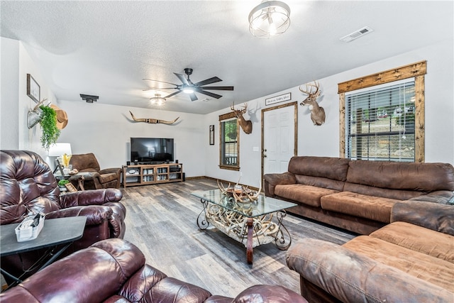 living room with wood-type flooring, ceiling fan, plenty of natural light, and a textured ceiling