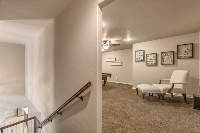 sitting room featuring pool table, carpet, and ceiling fan