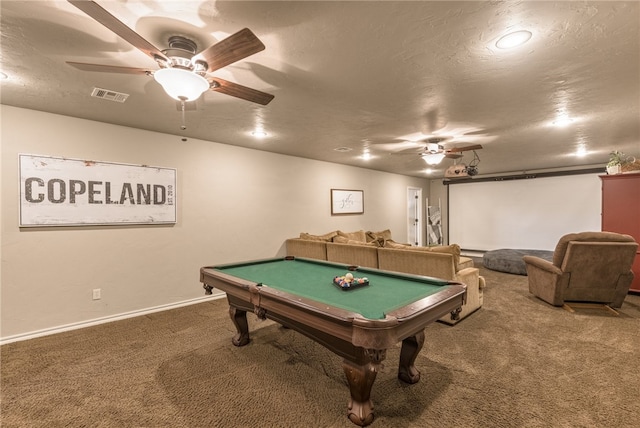 game room featuring pool table, a textured ceiling, carpet flooring, and ceiling fan