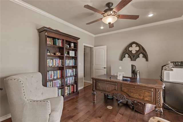 home office featuring ornamental molding, ceiling fan, and dark hardwood / wood-style flooring