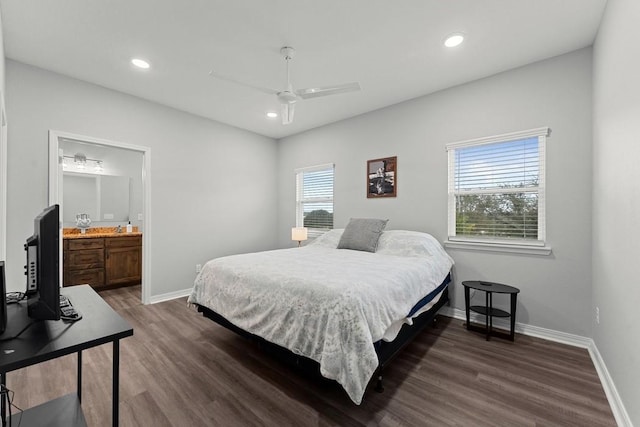 bedroom featuring dark wood-style flooring, baseboards, recessed lighting, and a ceiling fan