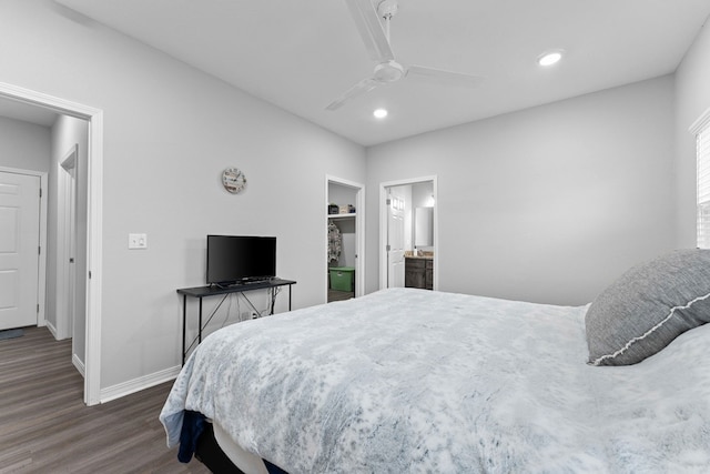 bedroom with a closet, ceiling fan, dark hardwood / wood-style floors, and ensuite bathroom