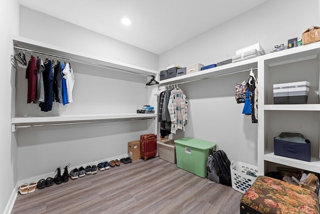 walk in closet with light hardwood / wood-style flooring