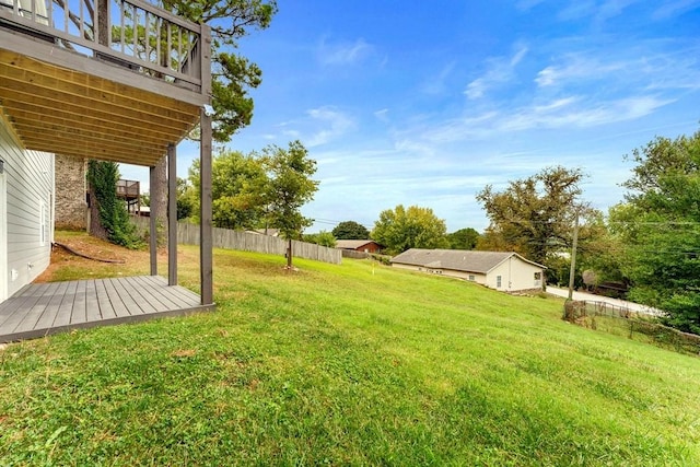 view of yard featuring a wooden deck and fence