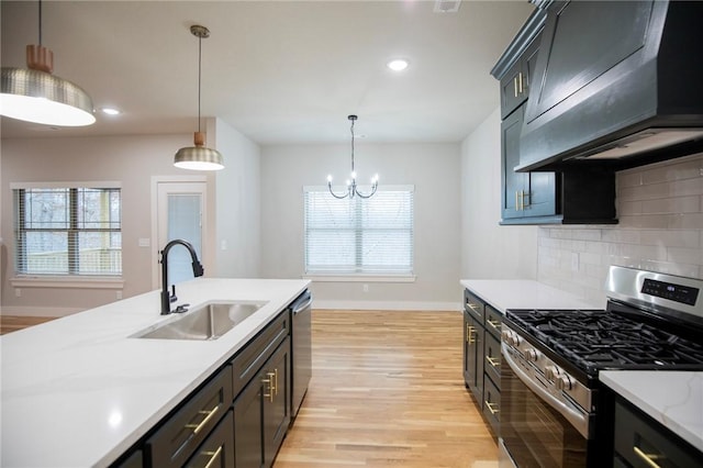 kitchen with sink, hanging light fixtures, stainless steel appliances, range hood, and backsplash