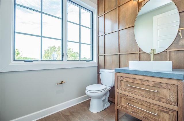 bathroom featuring wood-type flooring, vanity, toilet, and a healthy amount of sunlight