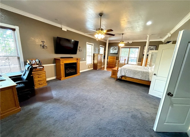 bedroom featuring ornamental molding, ceiling fan, and multiple windows